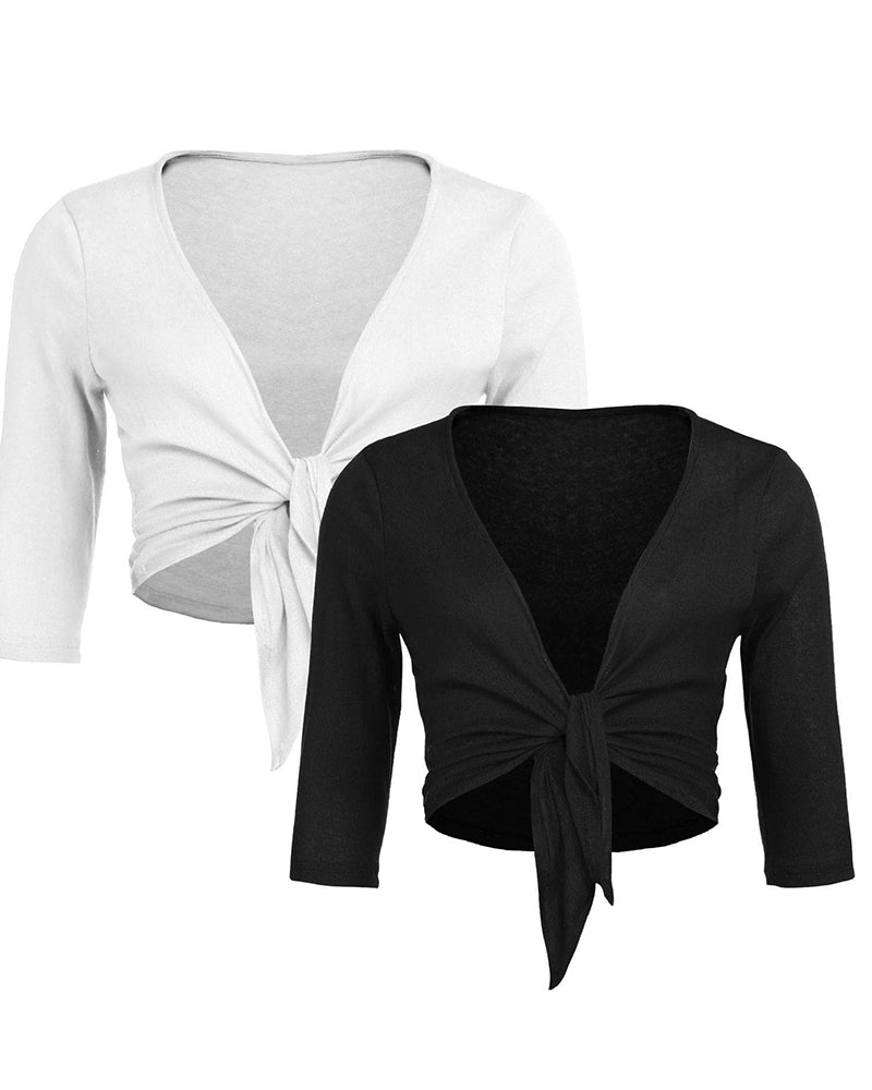 Women's Cropped Cardigan 3/4 Sleeve Sweater Shrugs Tie Front Bolero Jacket 2 Pack S-XXL - Zeagoo (Us Only)
