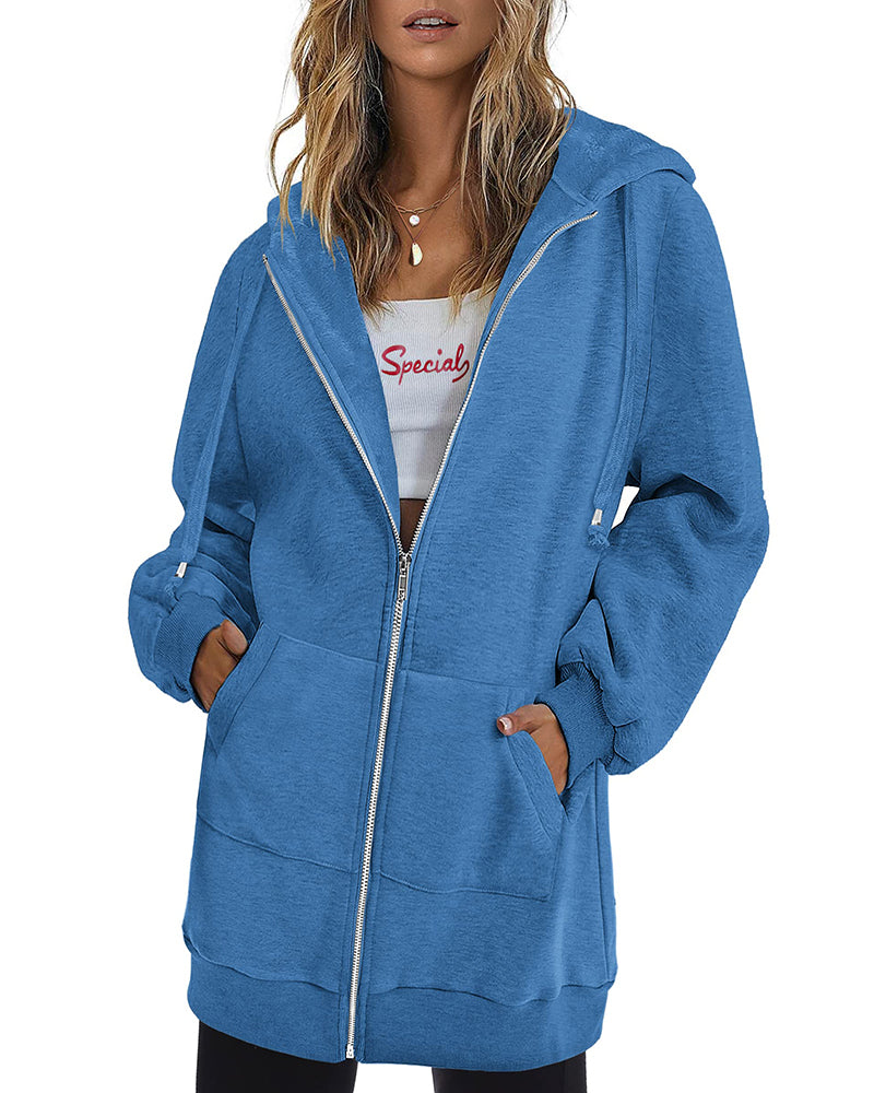 Women Zip Up Hoodies Long Fleece Jacket Lightweight Tunic Hooded Sweatshirt Oversize Winter Coat With Pockets - Zeagoo (Us Only)