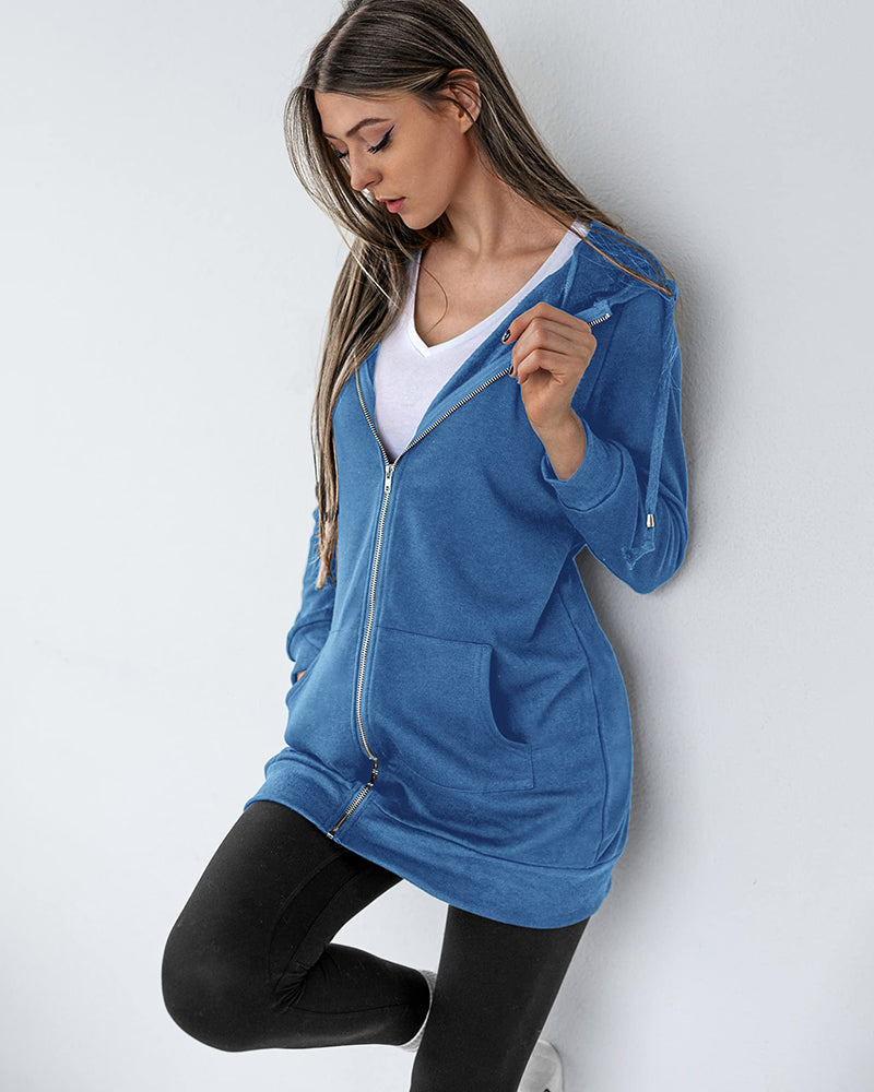 Women Zip Up Hoodies Long Fleece Jacket Lightweight Tunic Hooded Sweatshirt Oversize Winter Coat With Pockets - Zeagoo (Us Only)