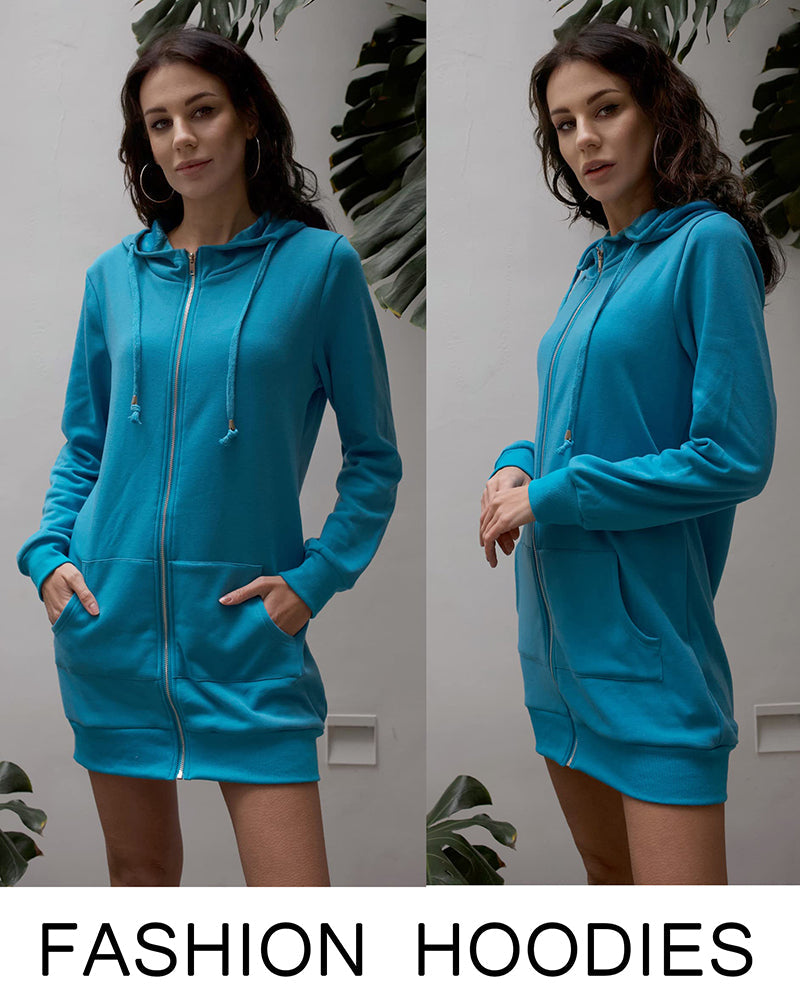 Women Zip Up Hoodies Long Fleece Jacket Lightweight Tunic Hooded Sweatshirt Oversize Winter Coat With Pockets - Zeagoo (Us Only)