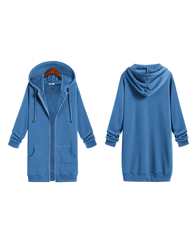 Women Zip Up Hoodies Long Fleece Jacket Lightweight Tunic Hooded Sweatshirt Oversize Winter Coat With Pockets - Zeagoo (Us Only)