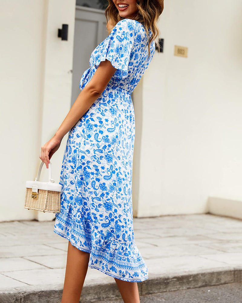 Bohemian Floral Tie Front V Neck Midi Dresses - Zeagoo (Us Only)