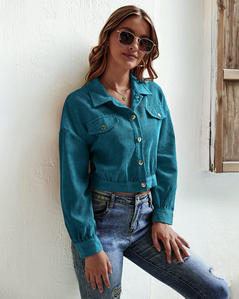 Women's Fashion Cropped Shacket Long SLeeve Trendy Button Down Corduroy Shirts Shacket Jackets - Zeagoo (Us Only)