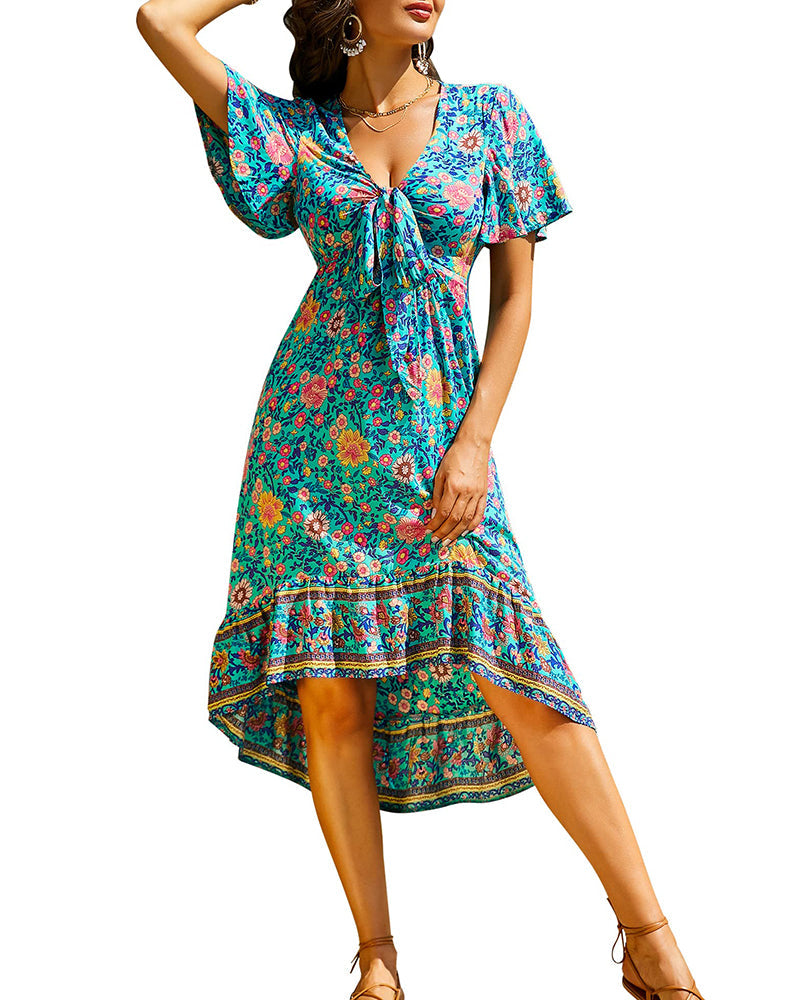 Bohemian Floral Tie Front V Neck Midi Dresses - Zeagoo (Us Only)