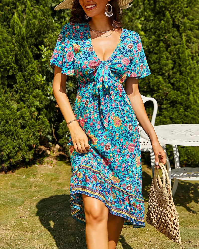 Bohemian Floral Tie Front V Neck Midi Dresses - Zeagoo (Us Only)