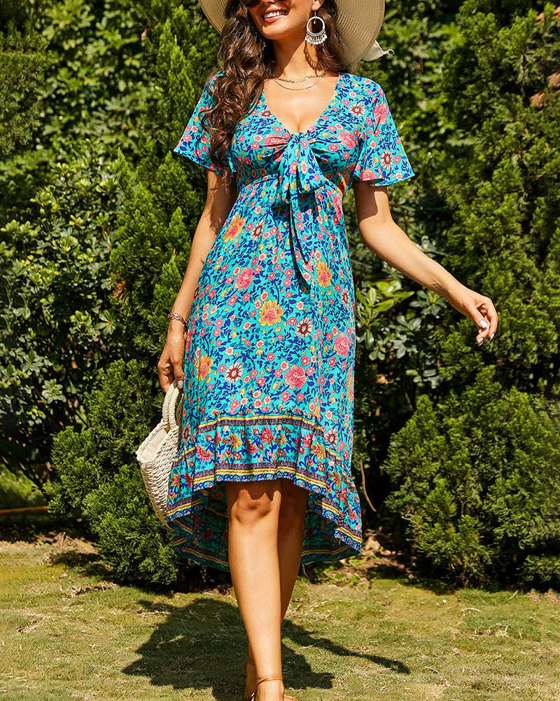 Bohemian Floral Tie Front V Neck Midi Dresses - Zeagoo (Us Only)