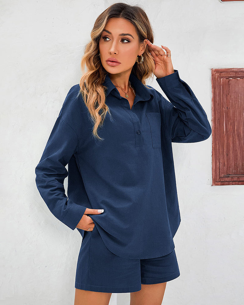 Womens 2 Piece Outfits Lounge Sets Cotton Linen Long Sleeve V-Neck Shirt and Mini Shorts With Pockets - Zeagoo (Us Only)