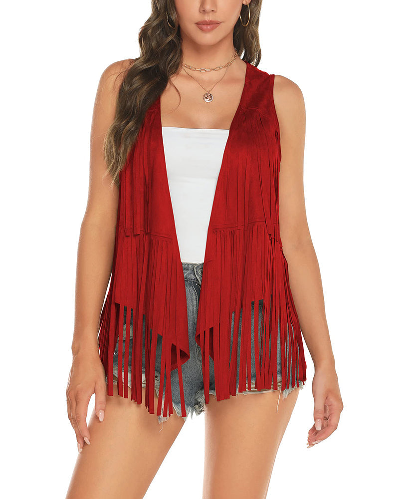 Women's Tassel Sleeveless Vest 70s Outfits for Women Hippie Clothes Fringe Jacket Cardigan S-XXL - Zeagoo (Us Only)