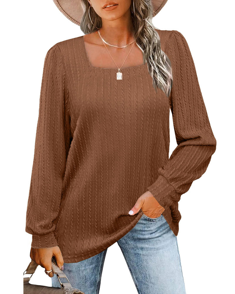 Zeagoo Tunic Tops for Women Loose Fit Dressy Square Neck Long Sleeve Shirts Rib Kint Pullover Blouses