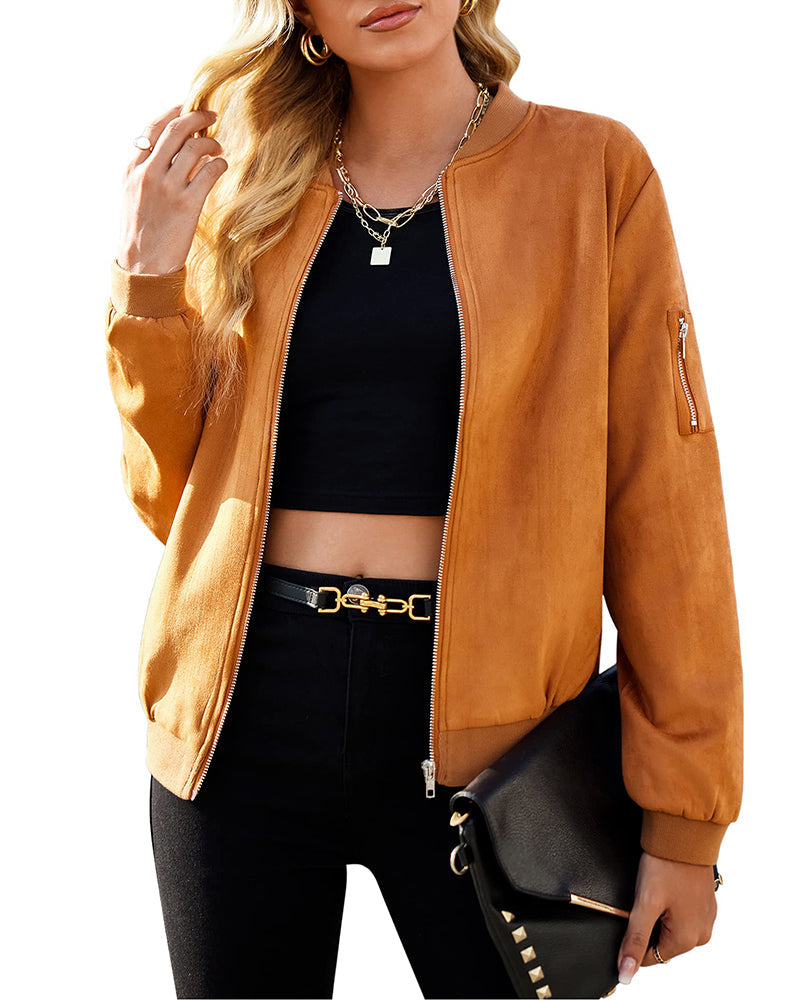 Faux Bomber Zip Up Lightweight Jacket Coat with Pockets - Zeagoo (Us Only)