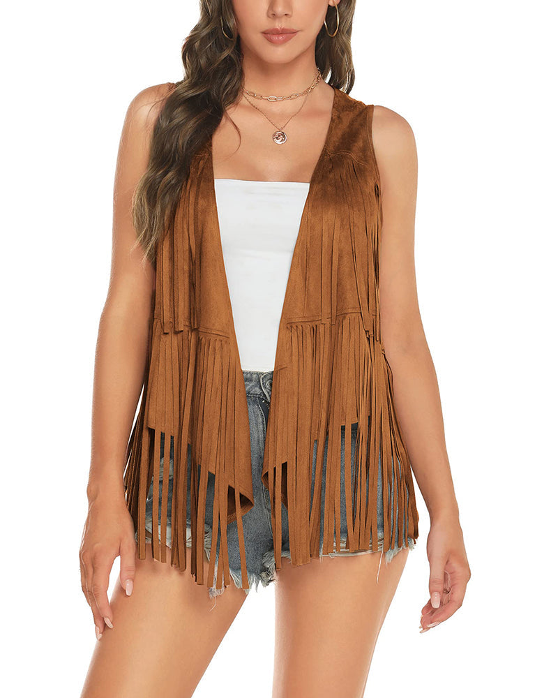 Women's Tassel Sleeveless Vest 70s Outfits for Women Hippie Clothes Fringe Jacket Cardigan S-XXL - Zeagoo (Us Only)
