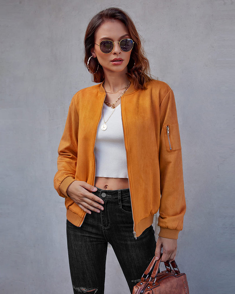 Faux Bomber Zip Up Lightweight Jacket Coat with Pockets - Zeagoo (Us Only)