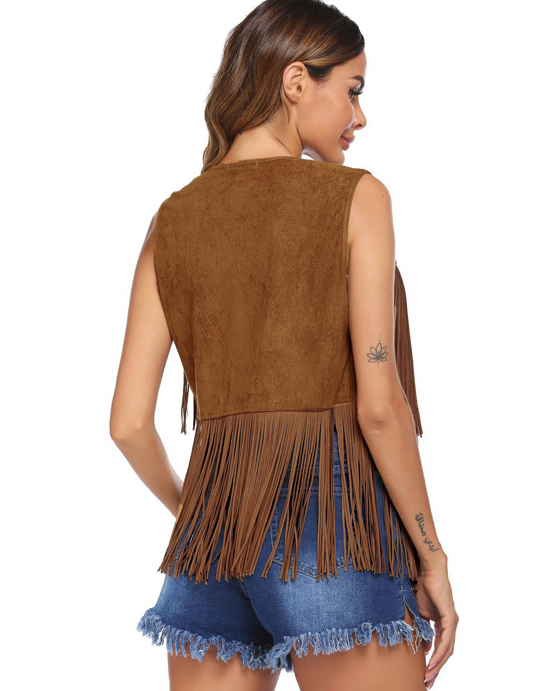 Zeagoo Womens Fringe Vest 70s Cowgirl Costume Faux Suede Rave Outfits Western Hippie Clothes S-XXXL