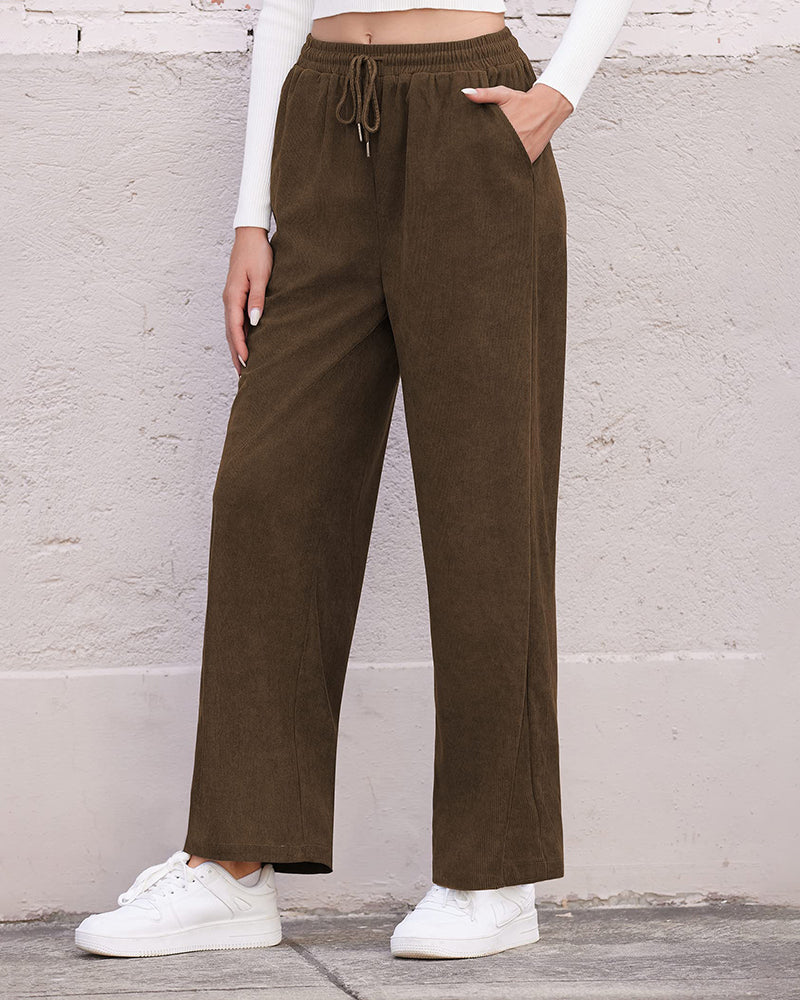 Womens Corduroy Pants Elastic Waist Drawstring Long Pants Casual Loose Straight Leg Trousers with Pockets - Zeagoo (Us Only)