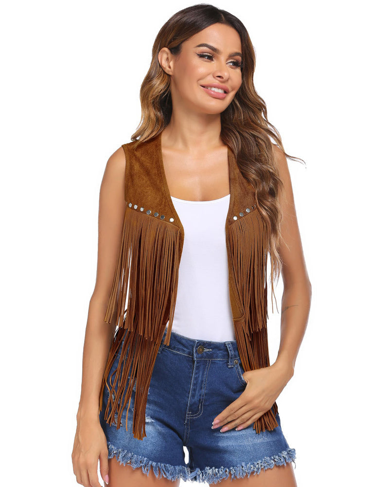 Zeagoo Womens Fringe Vest 70s Cowgirl Costume Faux Suede Rave Outfits Western Hippie Clothes S-XXXL