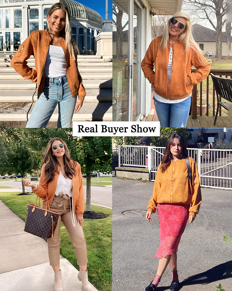Faux Bomber Zip Up Lightweight Jacket Coat with Pockets - Zeagoo (Us Only)