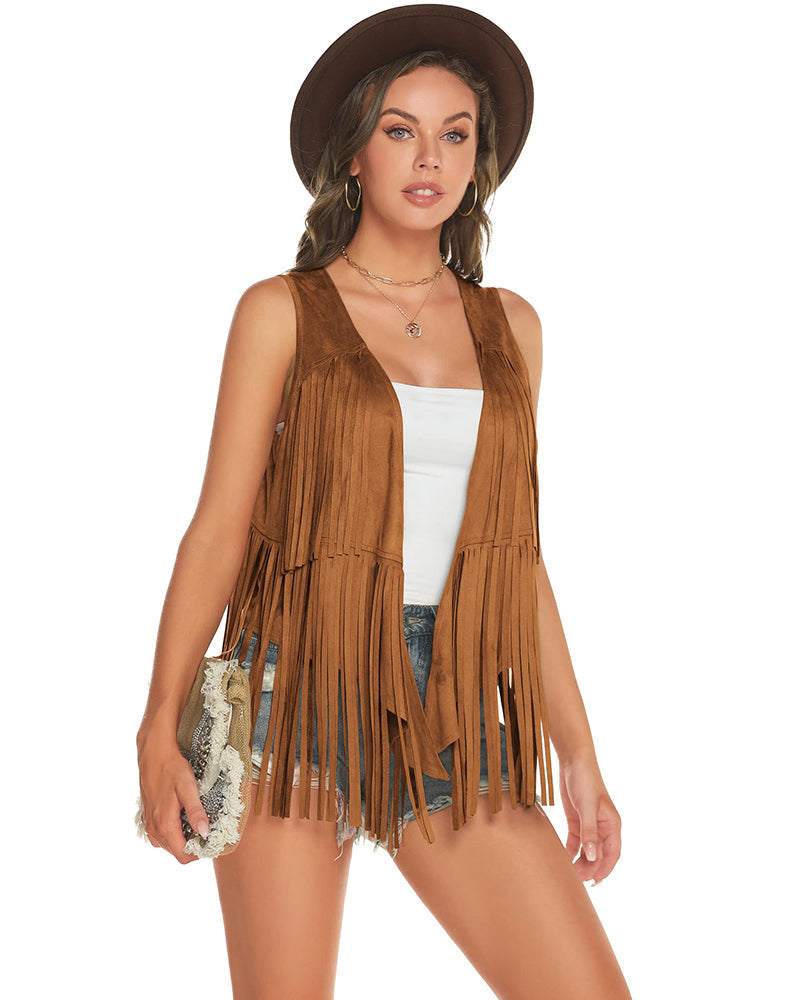 Women's Tassel Sleeveless Vest 70s Outfits for Women Hippie Clothes Fringe Jacket Cardigan S-XXL - Zeagoo (Us Only)