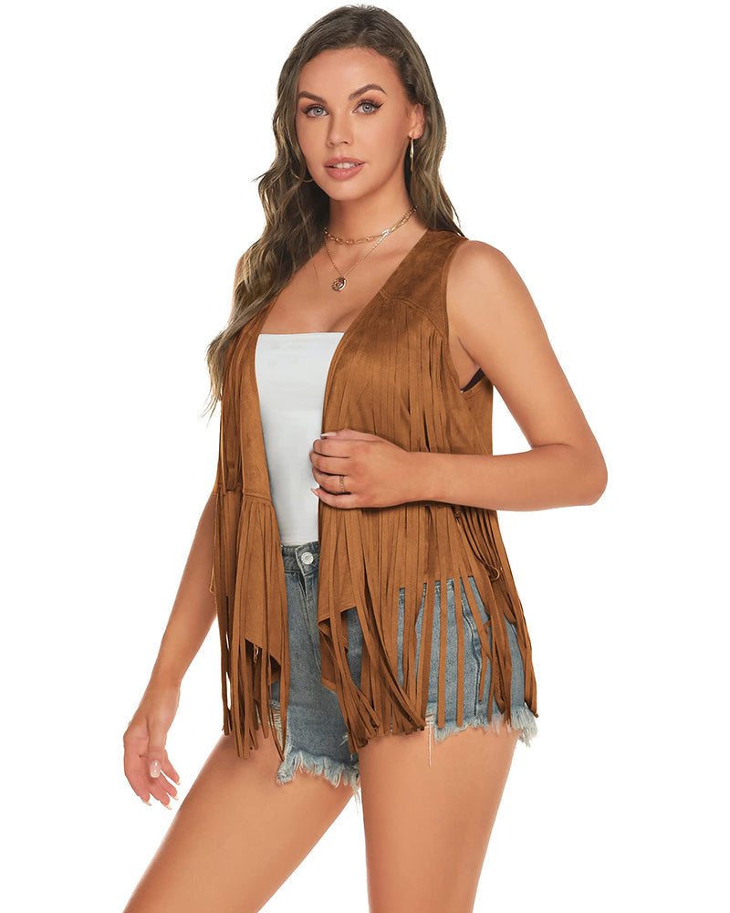Women's Tassel Sleeveless Vest 70s Outfits for Women Hippie Clothes Fringe Jacket Cardigan S-XXL - Zeagoo (Us Only)