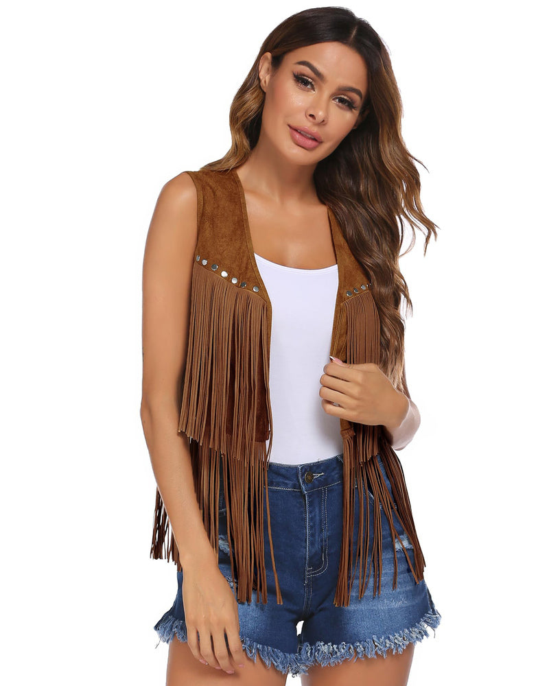 Zeagoo Womens Fringe Vest 70s Cowgirl Costume Faux Suede Rave Outfits Western Hippie Clothes S-XXXL