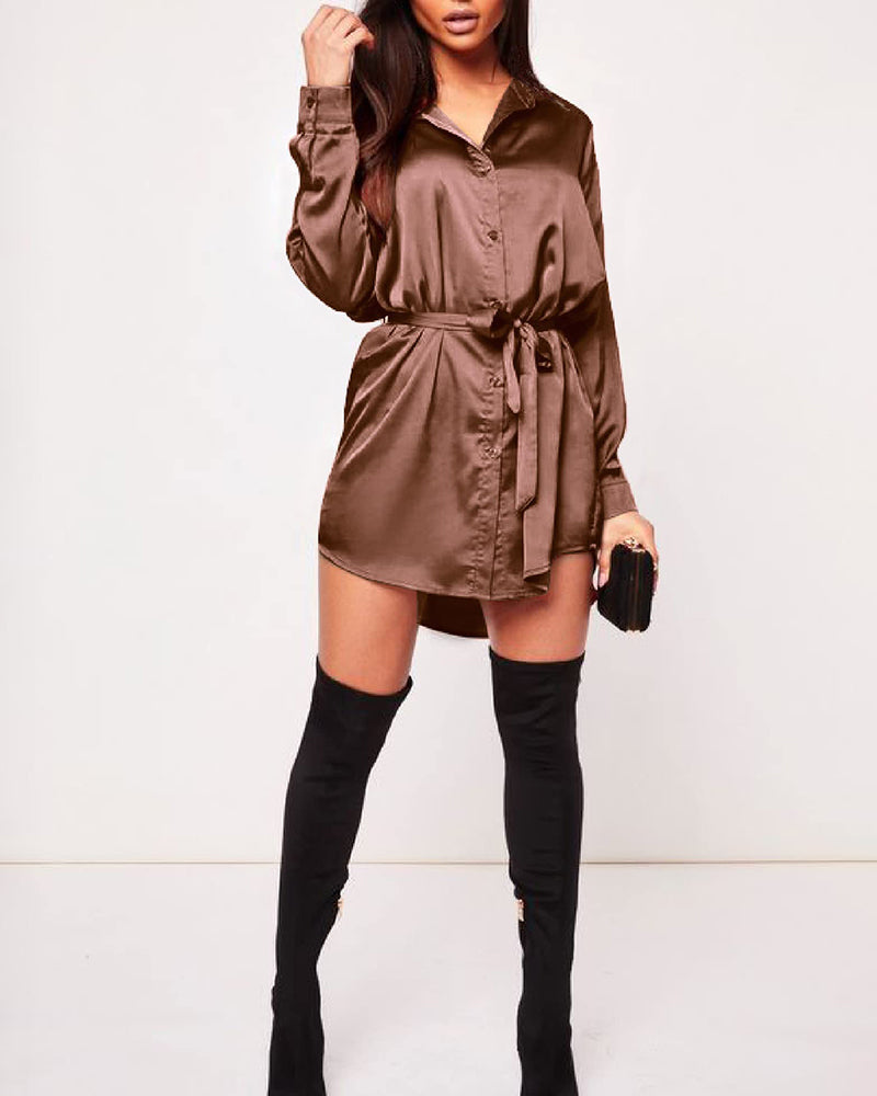 Long Sleeve Satin Shirt Dress with Button Down Tie Waist Mini Party Dress - Zeagoo (Us Only)