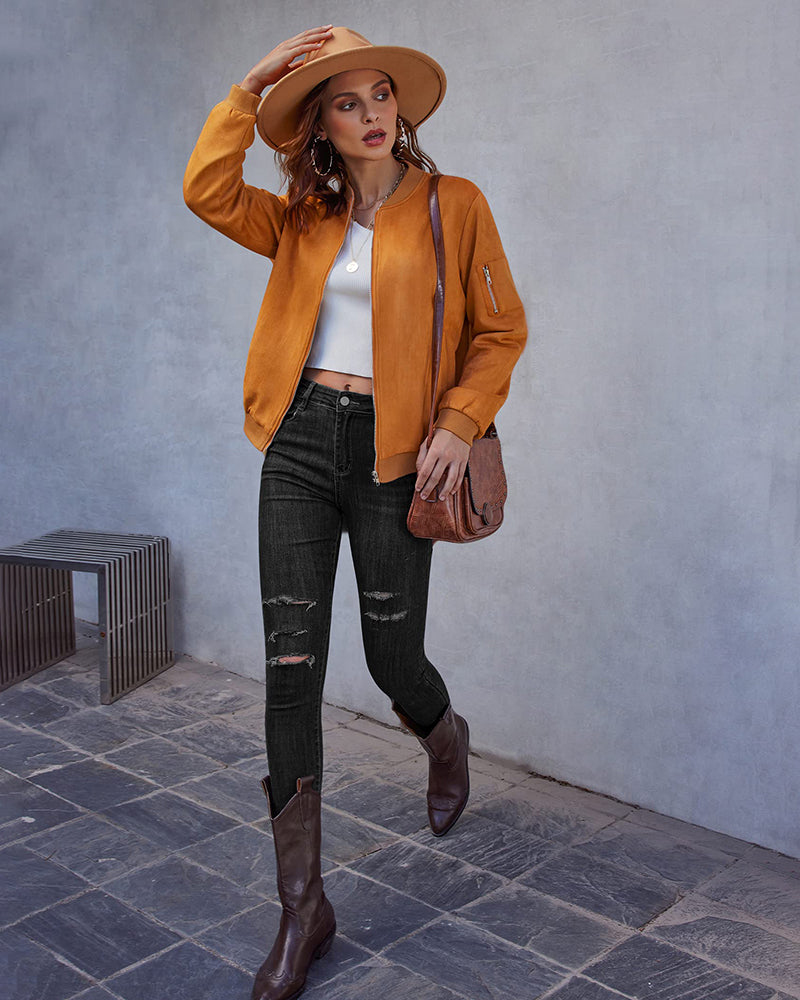 Faux Bomber Zip Up Lightweight Jacket Coat with Pockets - Zeagoo (Us Only)