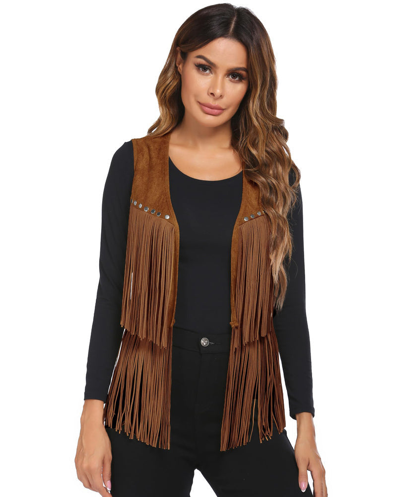Zeagoo Womens Fringe Vest 70s Cowgirl Costume Faux Suede Rave Outfits Western Hippie Clothes S-XXXL