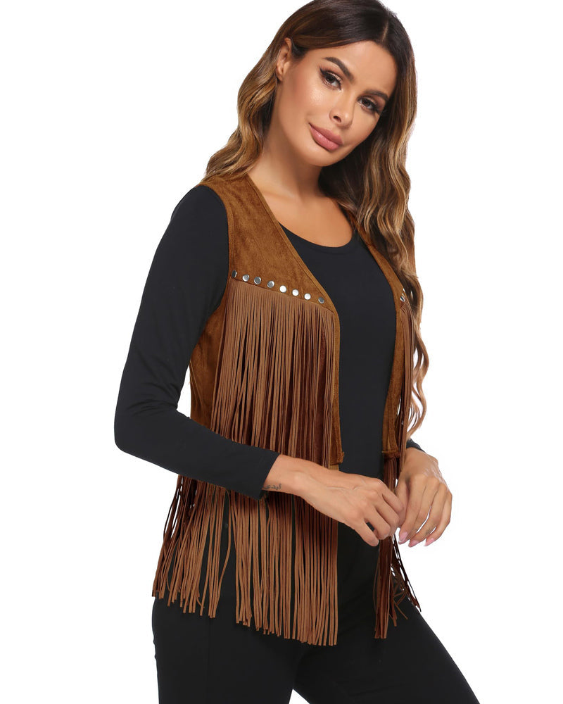 Zeagoo Womens Fringe Vest 70s Cowgirl Costume Faux Suede Rave Outfits Western Hippie Clothes S-XXXL