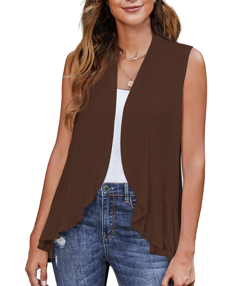 Women's Sleeveless Draped Open Front Cardigan Ruffles Hem Vest - Zeagoo (Us Only)
