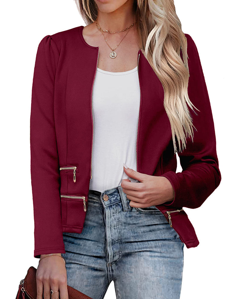 Zeagoo Womens Blazer Cropped Open Front Zipper Dress Jacket O Neck Casual Office Suit Jacket