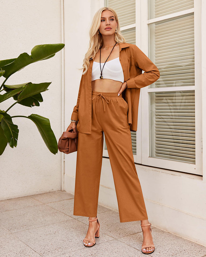 Women 2 Piece Linen Sets Button Down Linen Shirts Summer Loose Long Pants Vacation Beach Outfits - Zeagoo (Us Only)