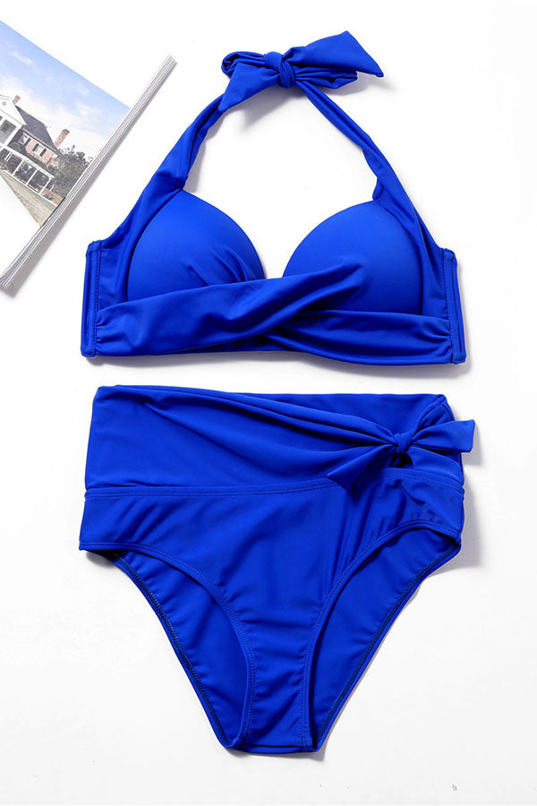 Blue Classic Front Cross Knotted High Waisted Bikini