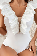 Beaded Decor Girly Ruffle One Piece Swimwear