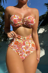 Cartoon Flower Print Sweet O-Ring Tie Back Bikini