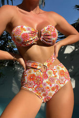 Cartoon Flower Print Sweet O-Ring Tie Back Bikini