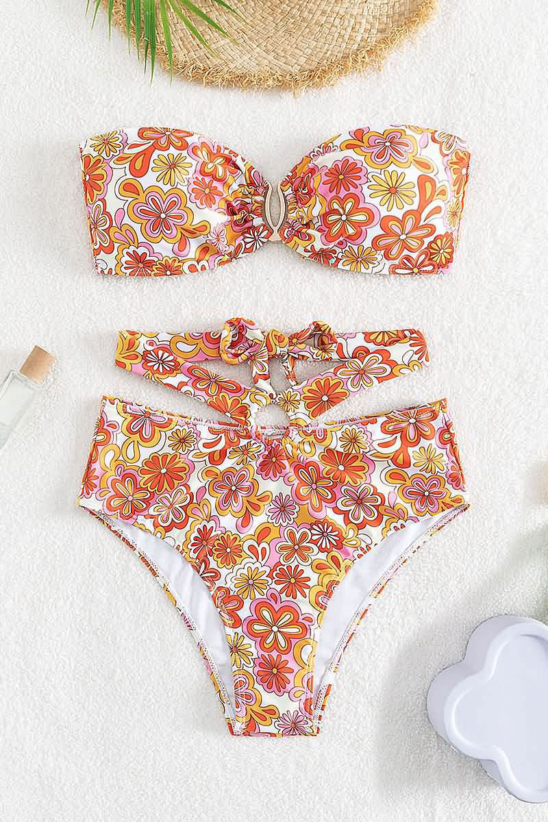 Cartoon Flower Print Sweet O-Ring Tie Back Bikini