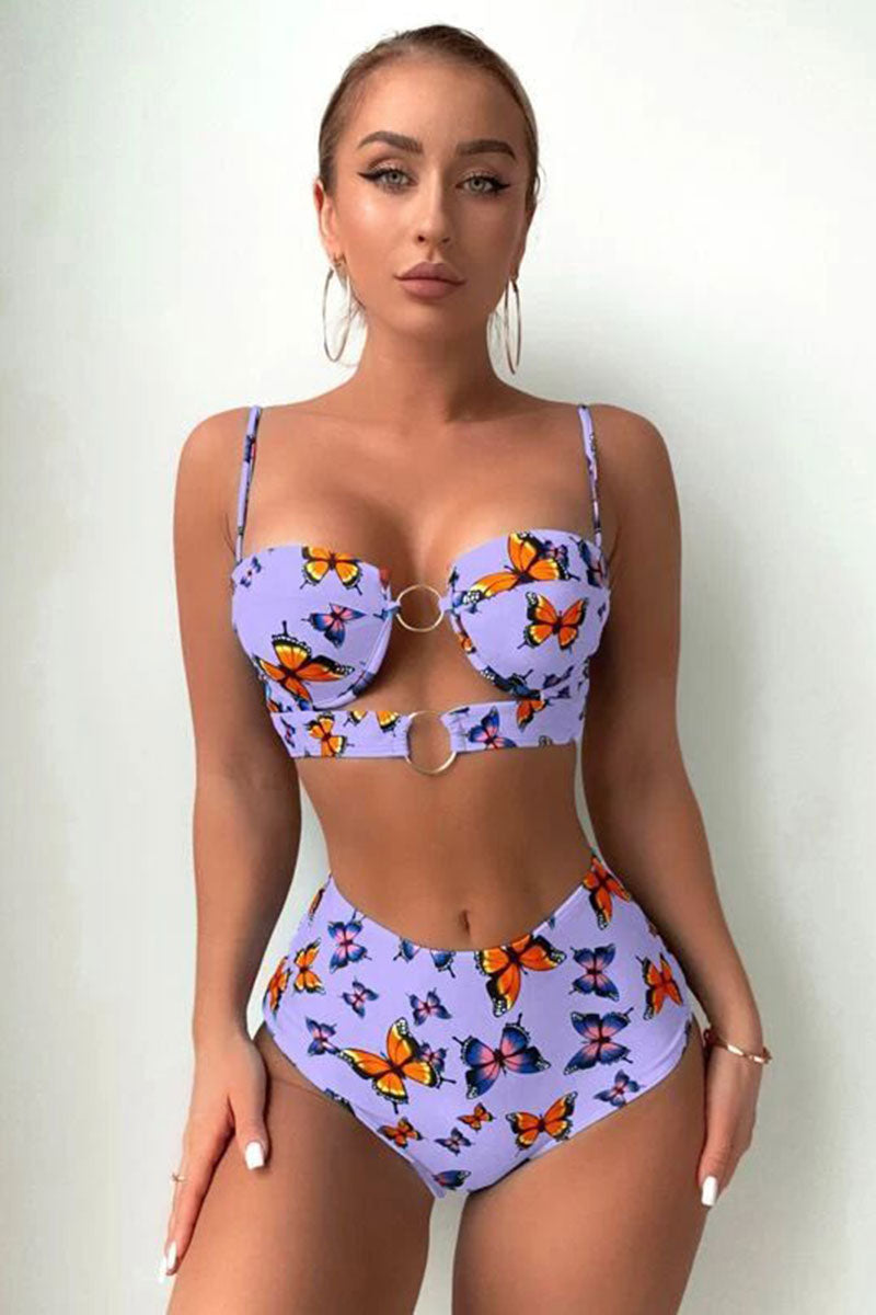 Butterfly Print Romantic O-Ring Underwired Bikini