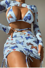 Butterfly Print Girly Strappy Drawstring Three Pieces