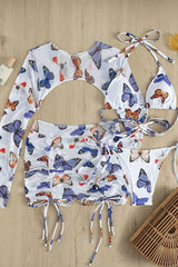 Butterfly Print Girly Strappy Drawstring Three Pieces