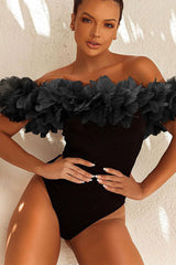 3D Flower Decor Unique Off Shoulder One Piece Swimwear