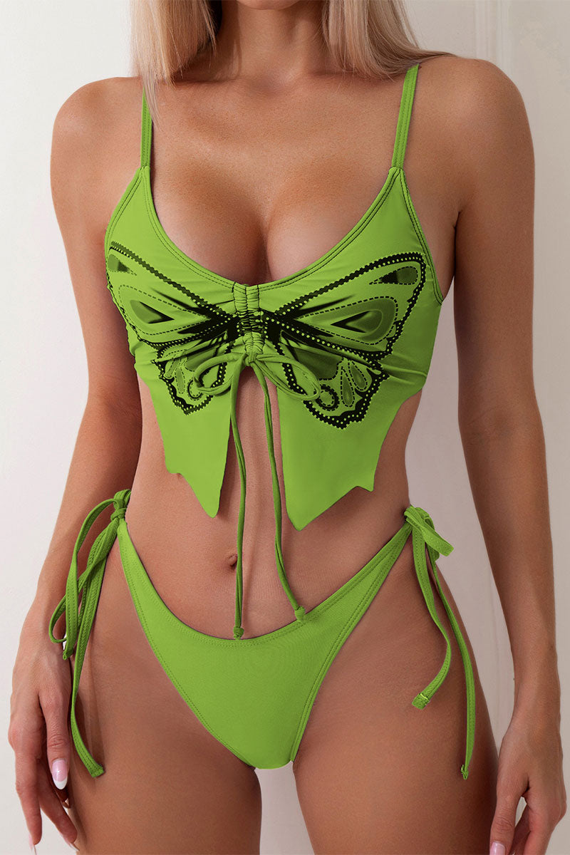 Butterfly Print Drawstring Hot Tie Side Bikini