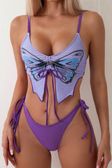 Butterfly Print Drawstring Hot Tie Side Bikini