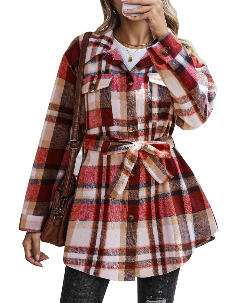 Zeagoo Womens Fashion 2023 Plaid Shacket Jacket Button Down Trench Coats Wool Blend Peacoat Belted Outwear with Pockets