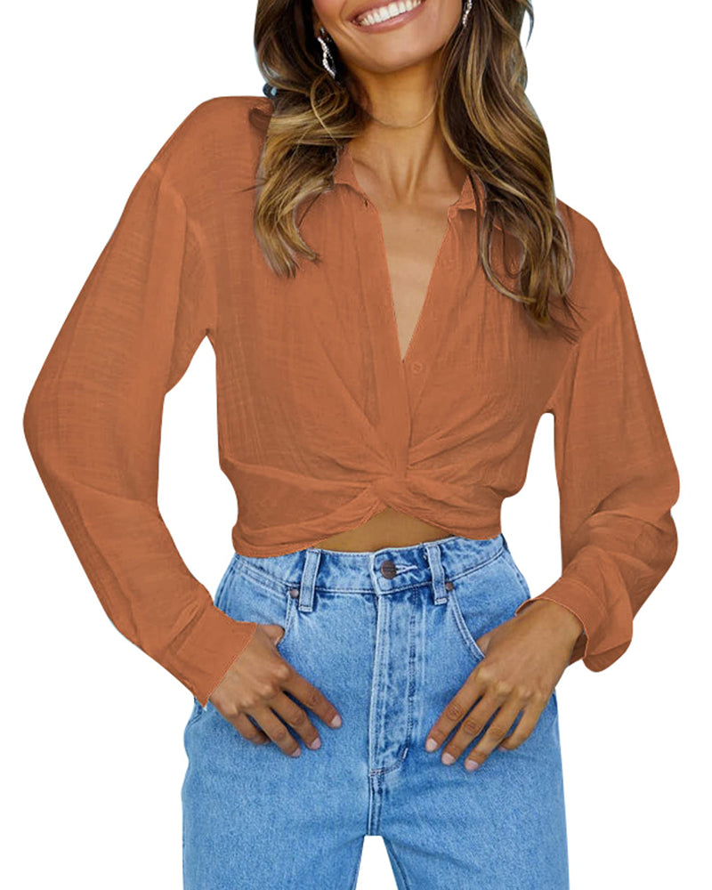 Zeagoo Women's V Neck Twist Hem Blouse Long Sleeve Crop Top Casual Button Shirts