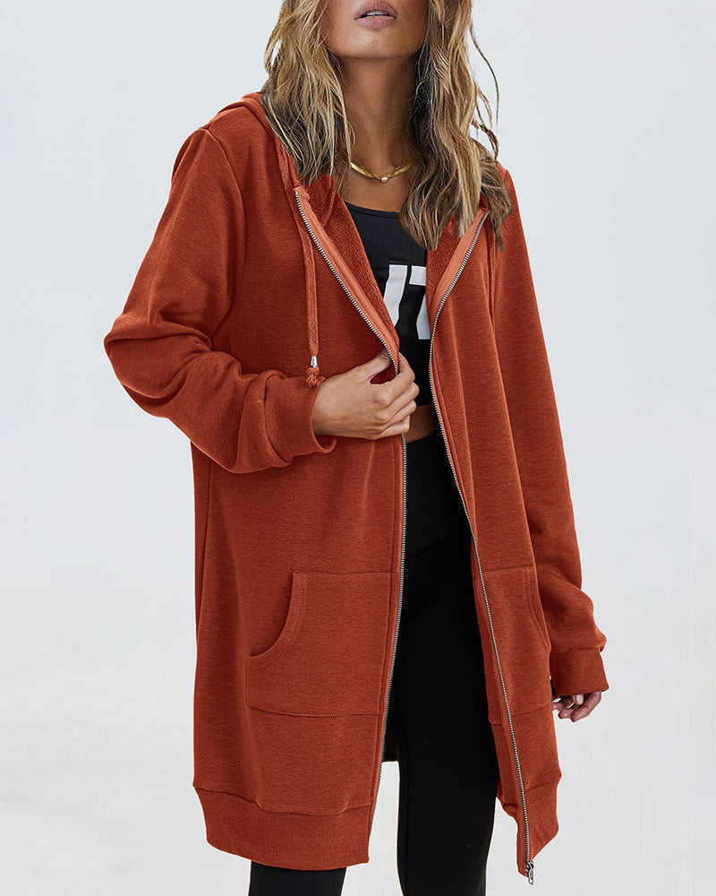 Women Zip Up Hoodies Long Fleece Jacket Lightweight Tunic Hooded Sweatshirt Oversize Winter Coat With Pockets - Zeagoo (Us Only)