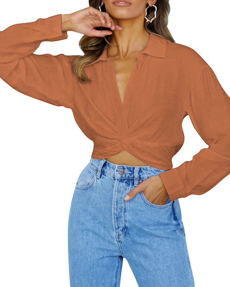 Zeagoo Women's V Neck Twist Hem Blouse Long Sleeve Crop Top Casual Button Shirts