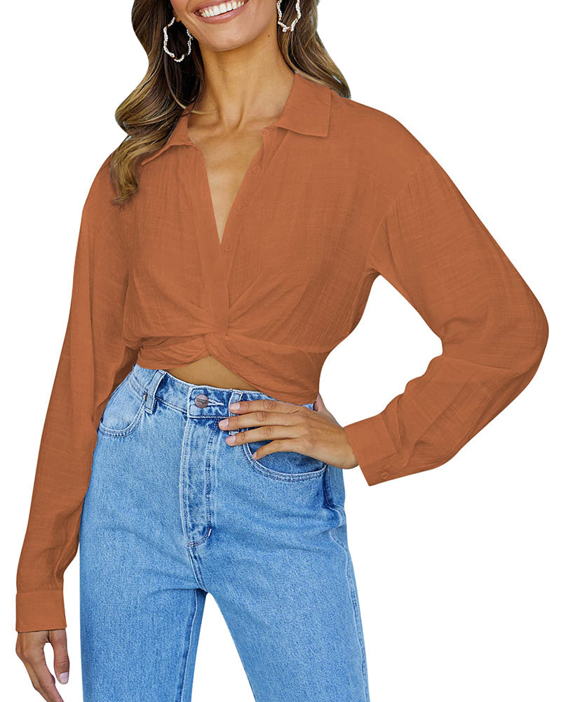 Zeagoo Women's V Neck Twist Hem Blouse Long Sleeve Crop Top Casual Button Shirts