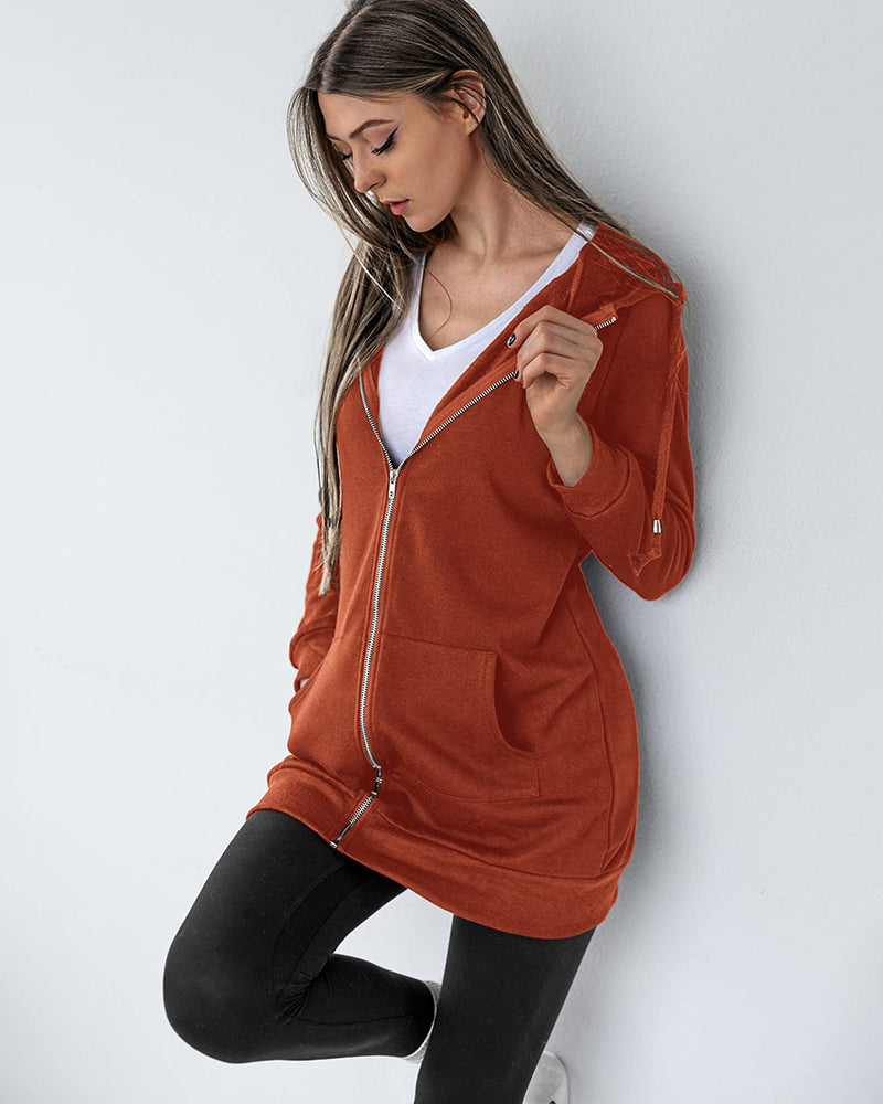 Women Zip Up Hoodies Long Fleece Jacket Lightweight Tunic Hooded Sweatshirt Oversize Winter Coat With Pockets - Zeagoo (Us Only)