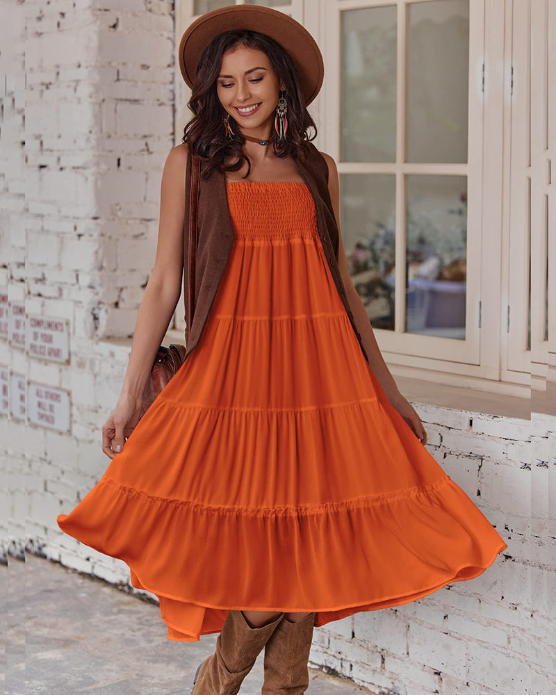 Women's Long Maxi Skirts Tiered High Waist Boho Elastic Layered A-Line Casual Midi Dress - Zeagoo (Us Only)