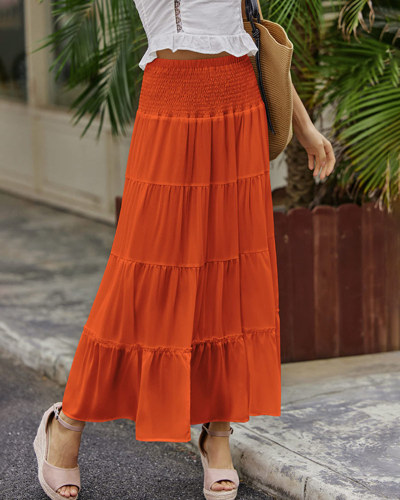 Women's Long Maxi Skirts Tiered High Waist Boho Elastic Layered A-Line Casual Midi Dress - Zeagoo (Us Only)