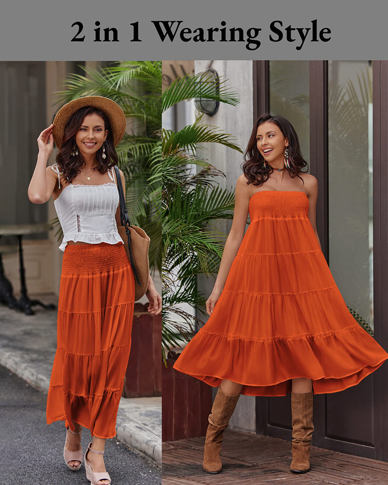 Women's Long Maxi Skirts Tiered High Waist Boho Elastic Layered A-Line Casual Midi Dress - Zeagoo (Us Only)